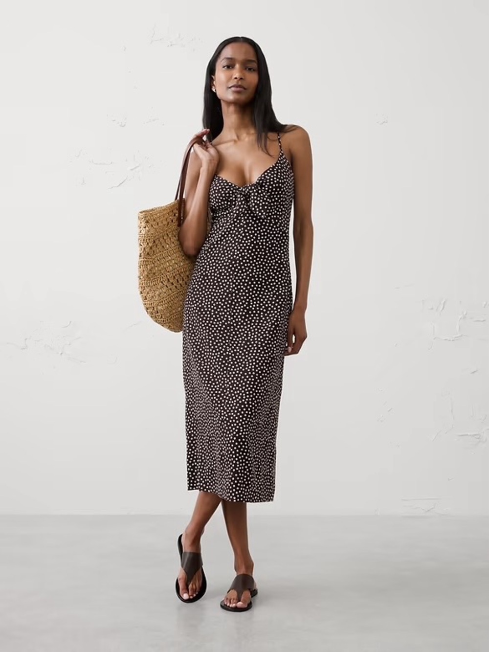 Brown Polka Dot Slip Midi Dress